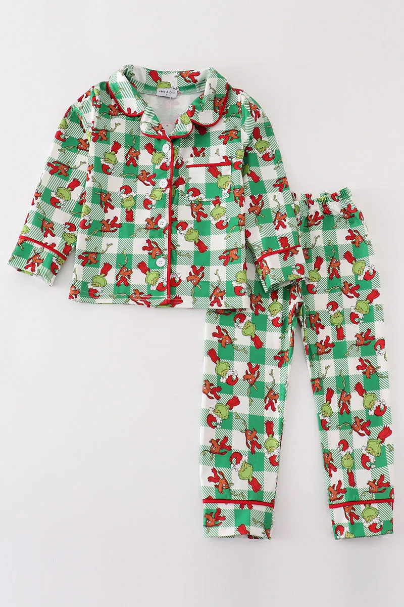 Green Grinch Print Plaid Ruffle Boy Pajamas Set