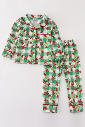 Green Grinch Print Plaid Ruffle Boy Pajamas Set
