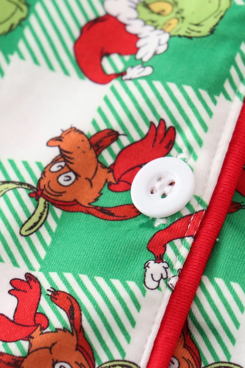 Green Grinch Print Plaid Ruffle Boy Pajamas Set