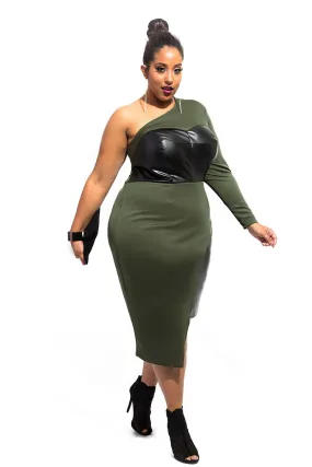 Green One-shoulder Leatherette Bust and Side Plus Size Dress