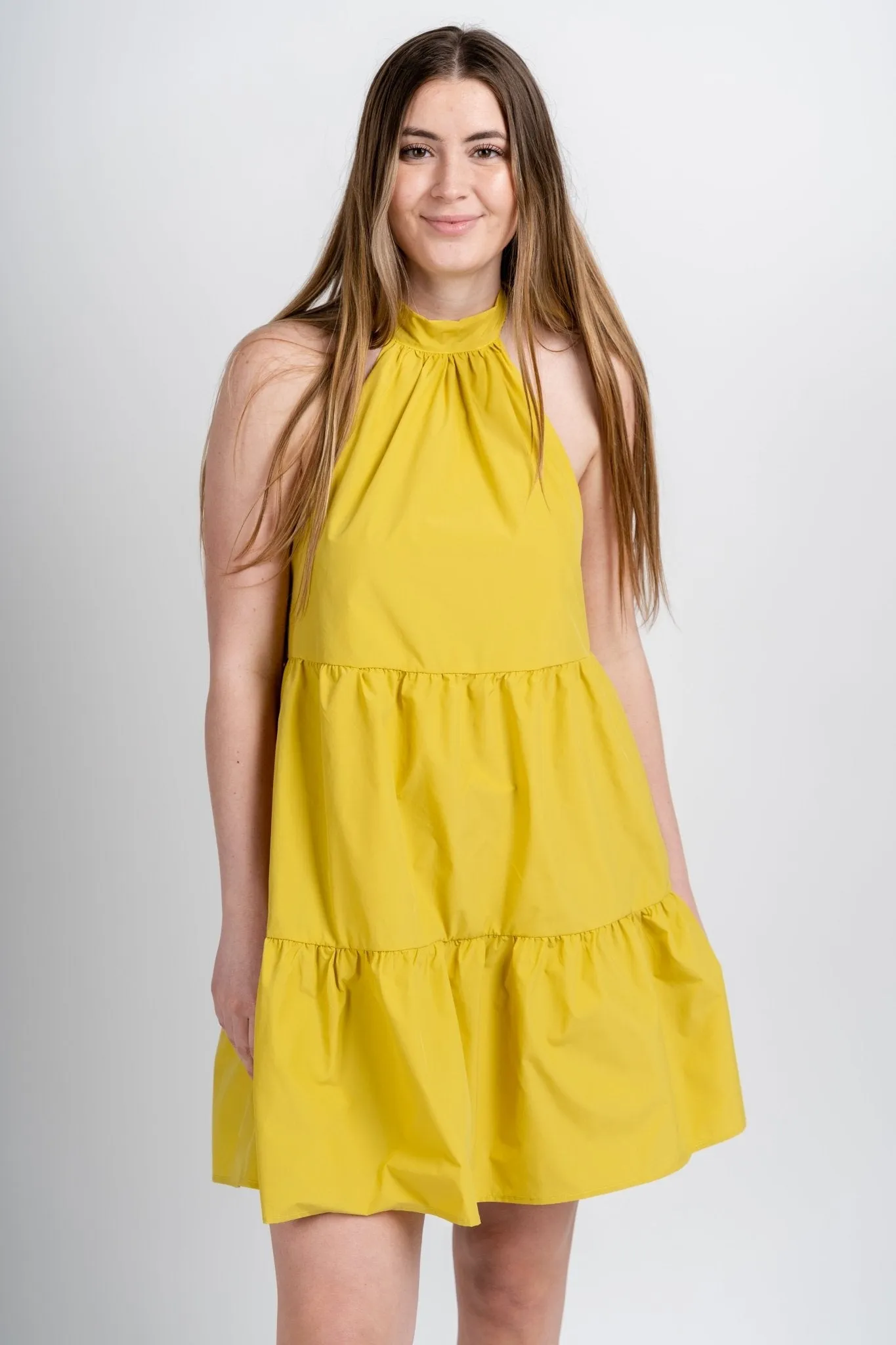 Halter neck tiered dress chartreuse