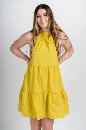 Halter neck tiered dress chartreuse