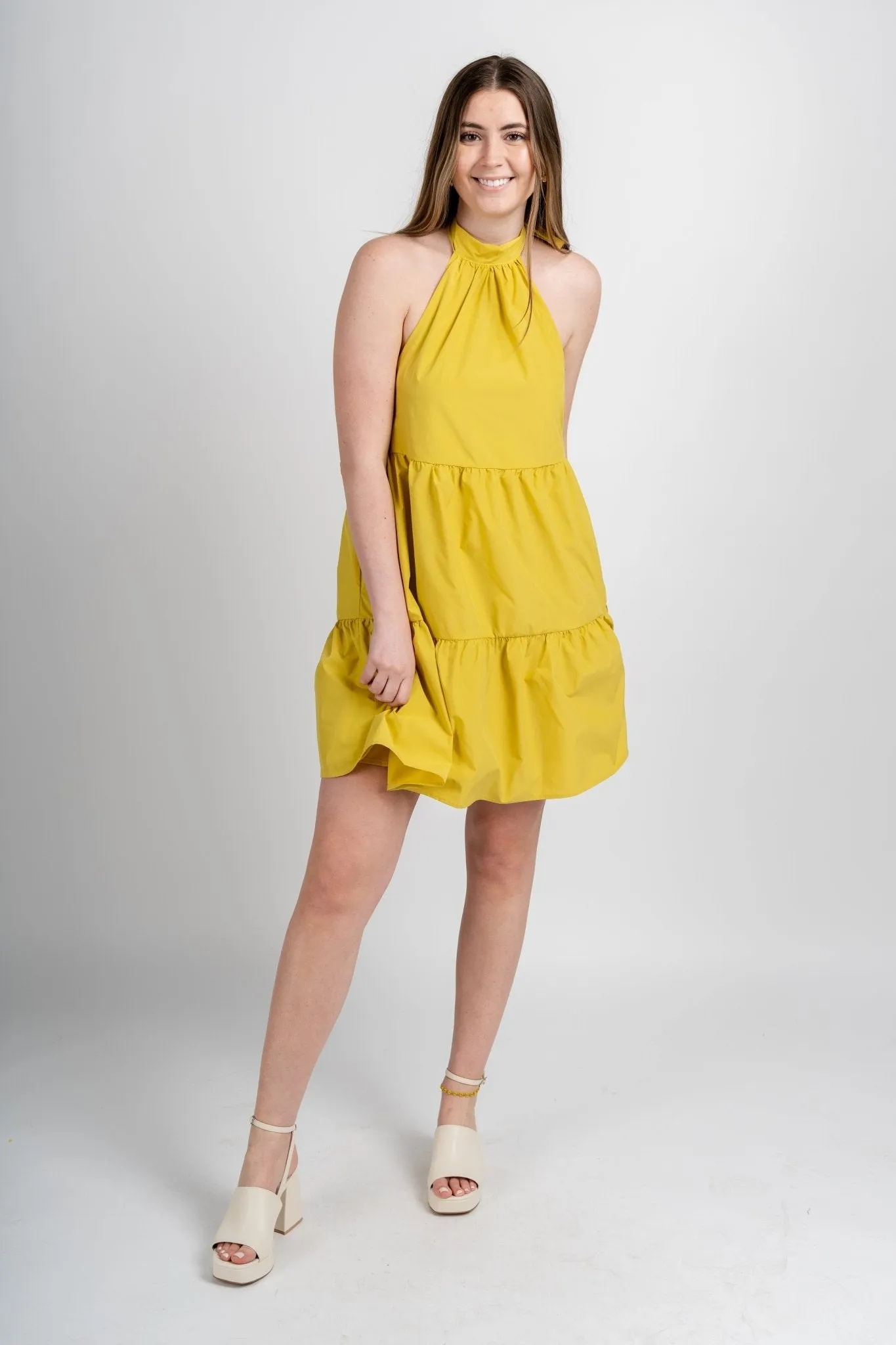 Halter neck tiered dress chartreuse