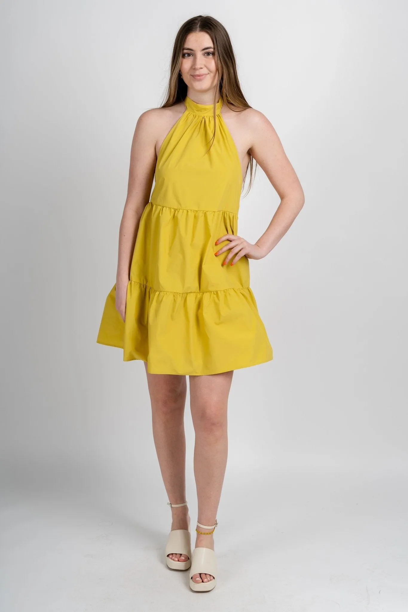 Halter neck tiered dress chartreuse