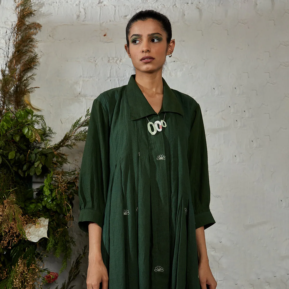 Handwoven Cotton Shirt Dress for Women | Basil Green