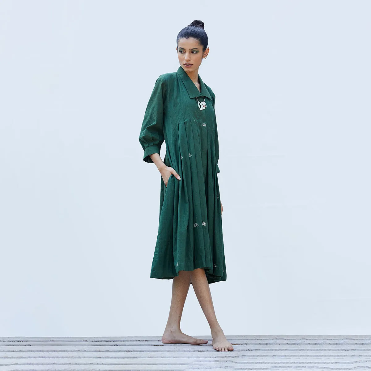 Handwoven Cotton Shirt Dress for Women | Basil Green