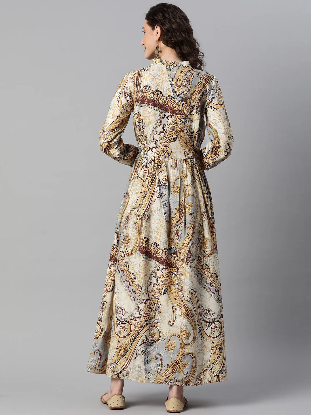 Indibelle Rayon Paisley Print A-Line Dress (Beige)