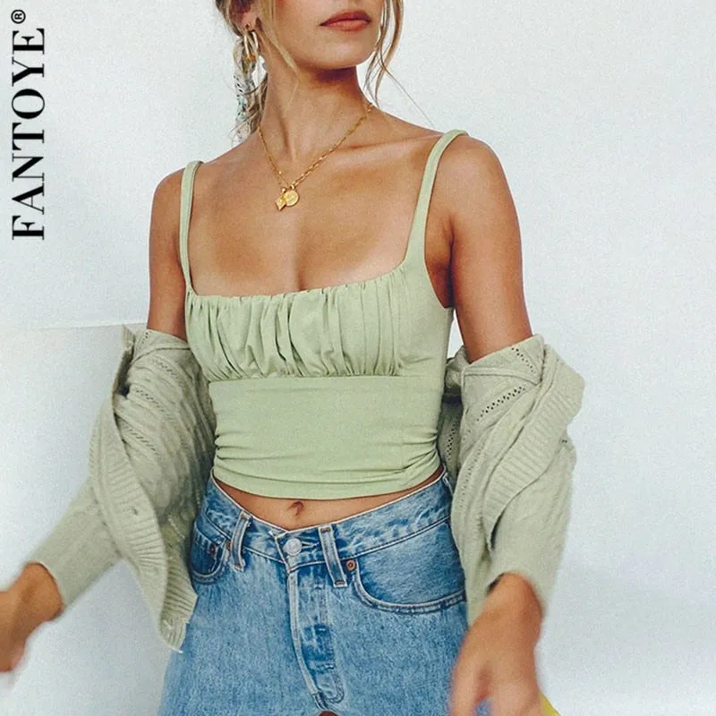 Joskaa FANTOYE Women Summer Fashion Ruched Camisole Sexy Mujer Backless Tank Top Streetwear Femme Mini Camis For Women Casual Crop Tops