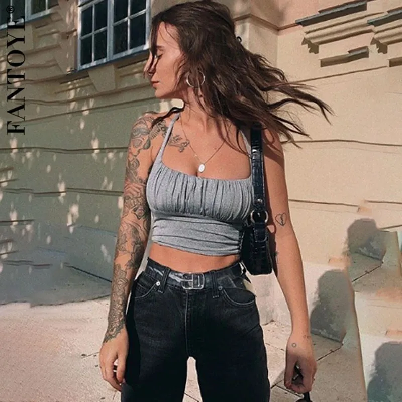 Joskaa FANTOYE Women Summer Fashion Ruched Camisole Sexy Mujer Backless Tank Top Streetwear Femme Mini Camis For Women Casual Crop Tops