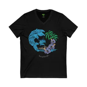 Jumping Dolphin, Unisex Jersey Short Sleeve V-Neck Tee