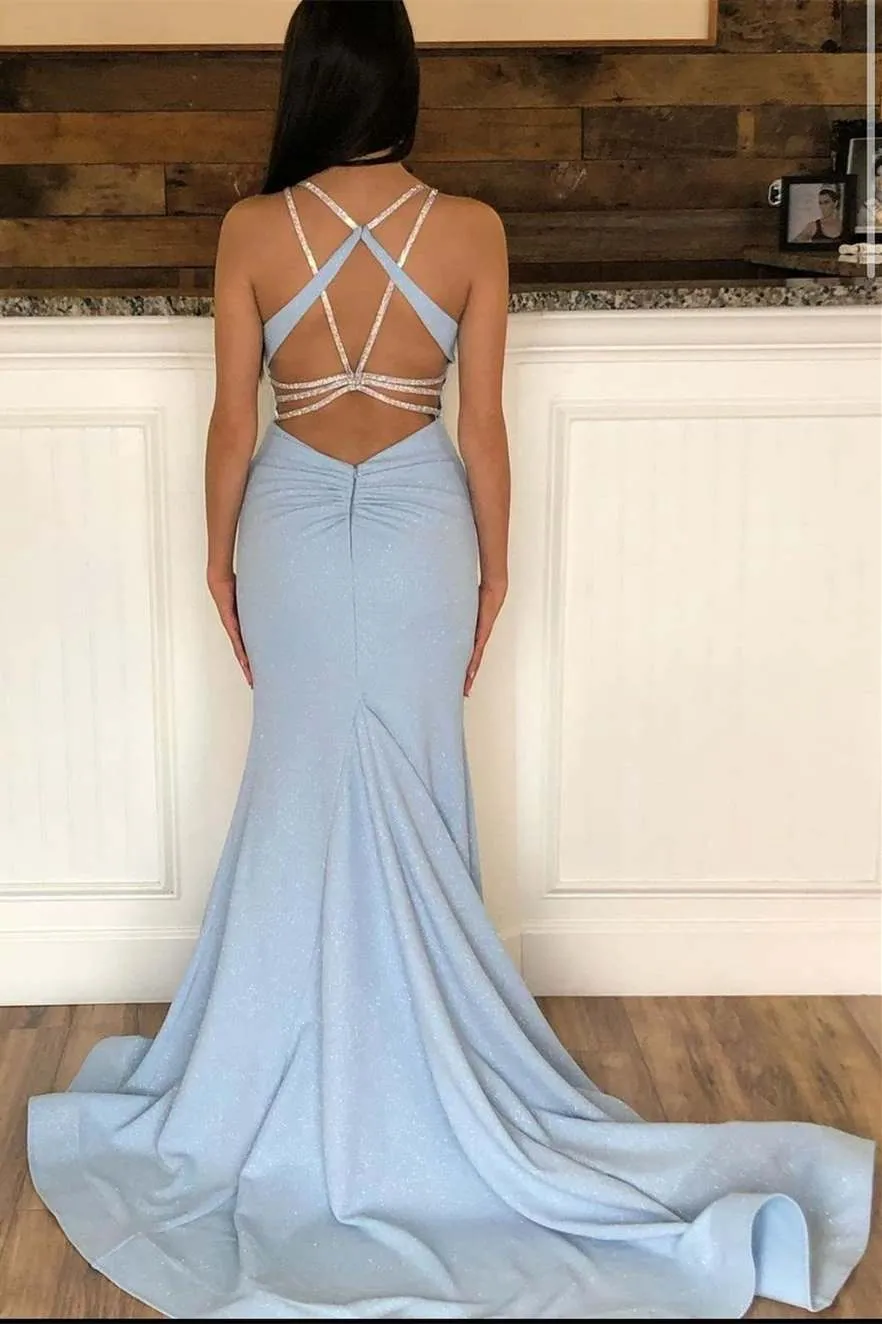 Light Blue Beaded Backless Trumpet Long Prom Dress