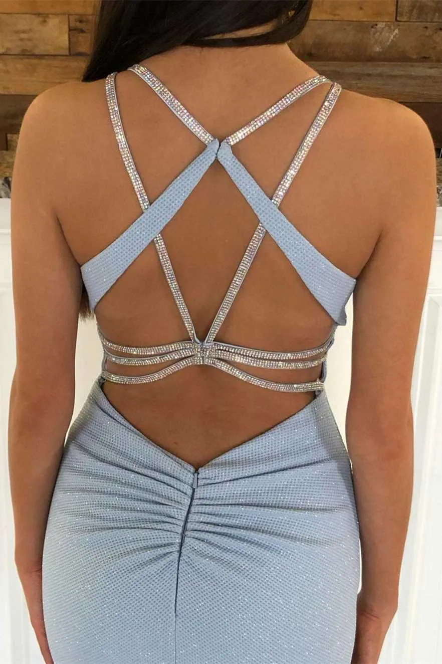 Light Blue Beaded Backless Trumpet Long Prom Dress