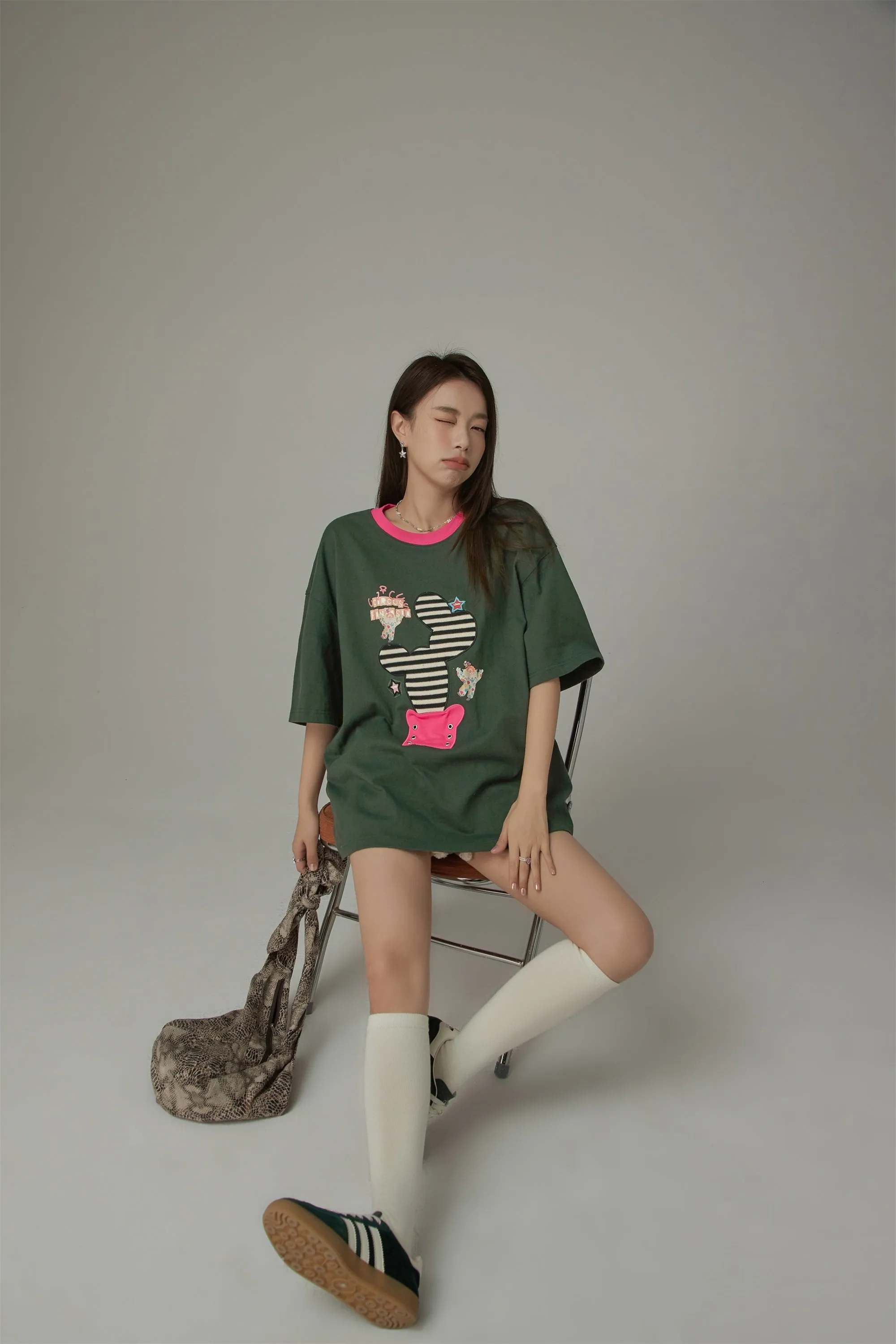 Lined Catcus Color Loose Fit T-Shirt