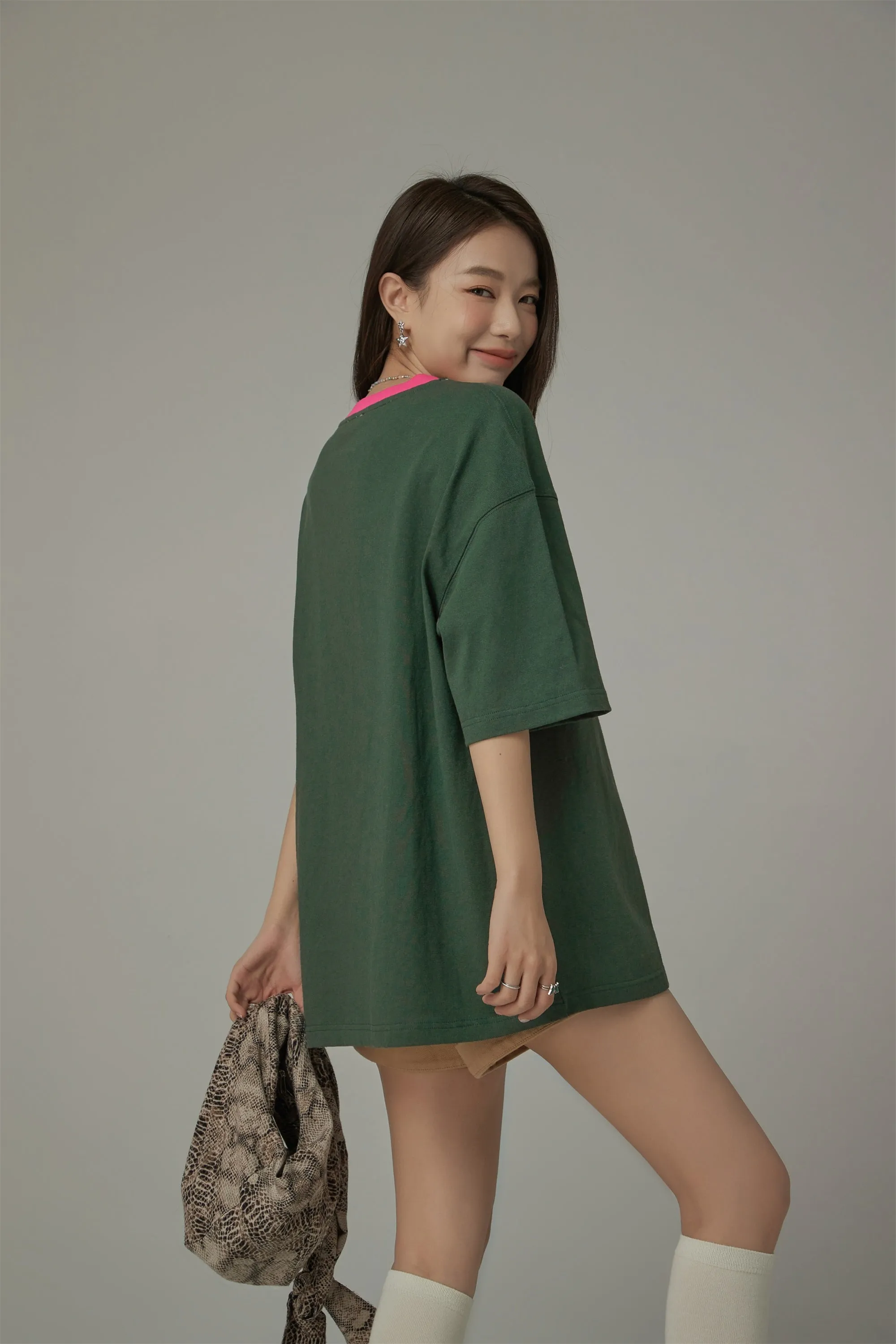 Lined Catcus Color Loose Fit T-Shirt