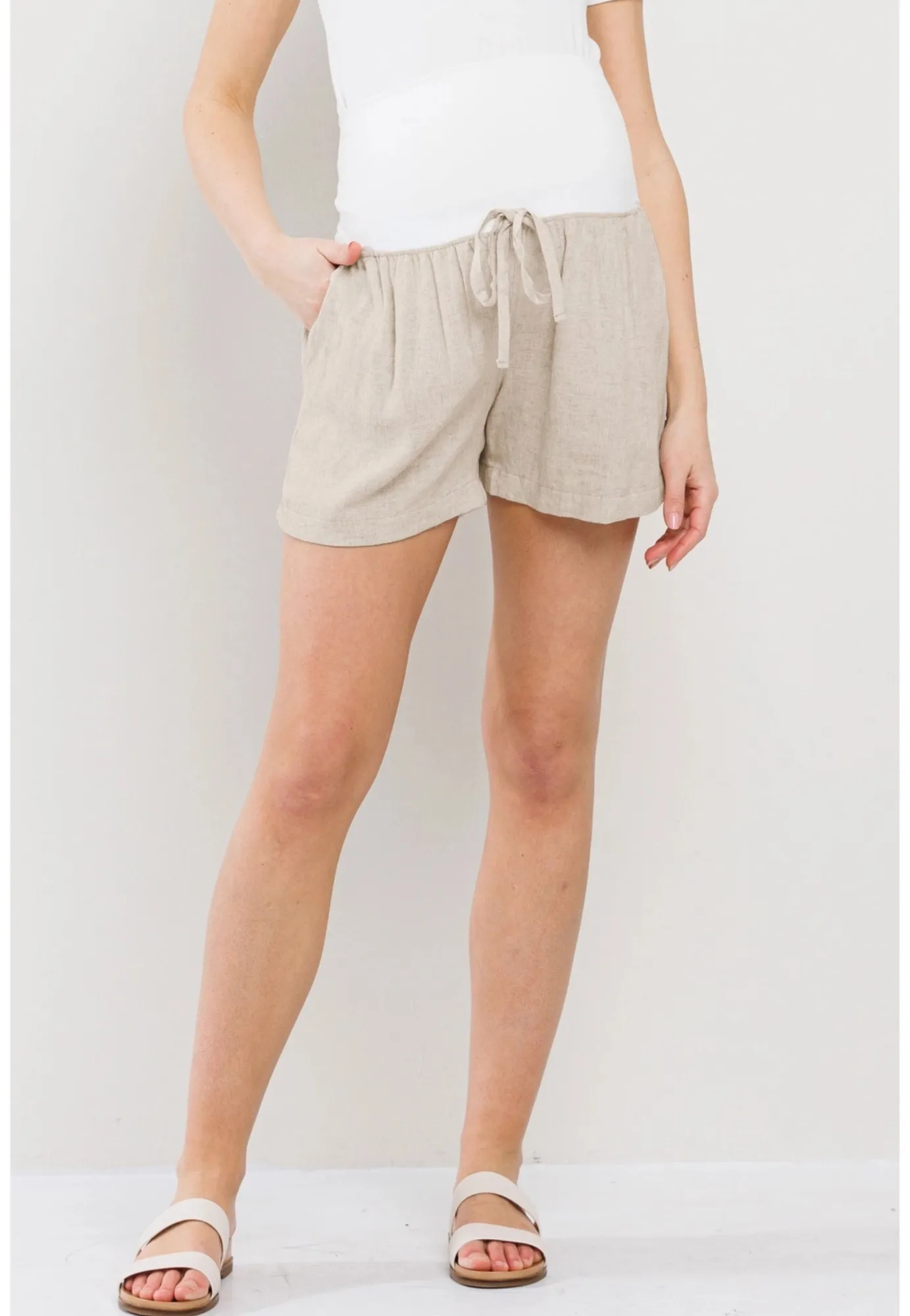 Linen Blend Maternity Shorts with Elastic Band