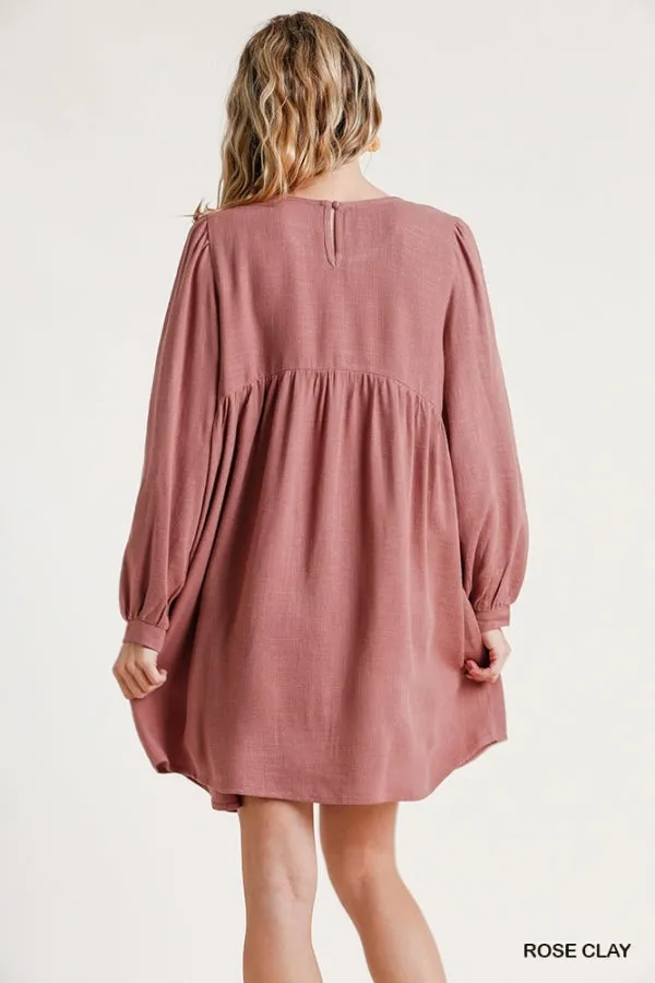 Linen Blend Round Neck Long Sleeve Back Babydoll Dress