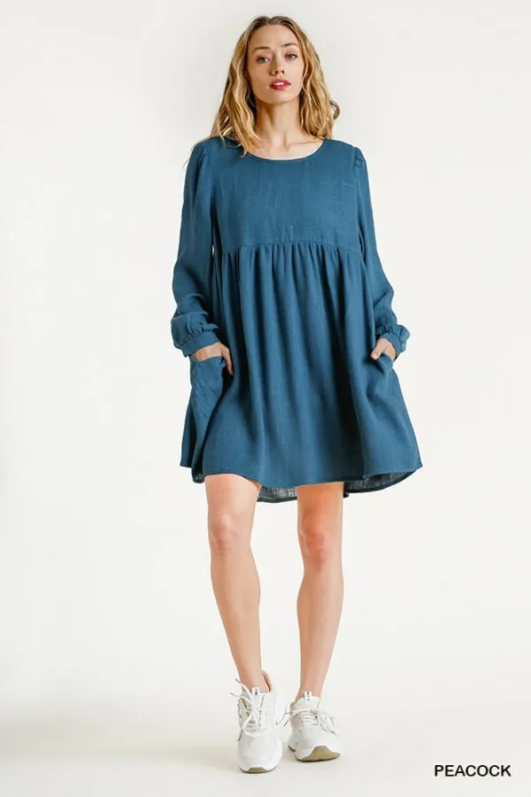 Linen Blend Round Neck Long Sleeve Back Babydoll Dress