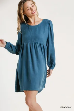 Linen Blend Round Neck Long Sleeve Back Babydoll Dress