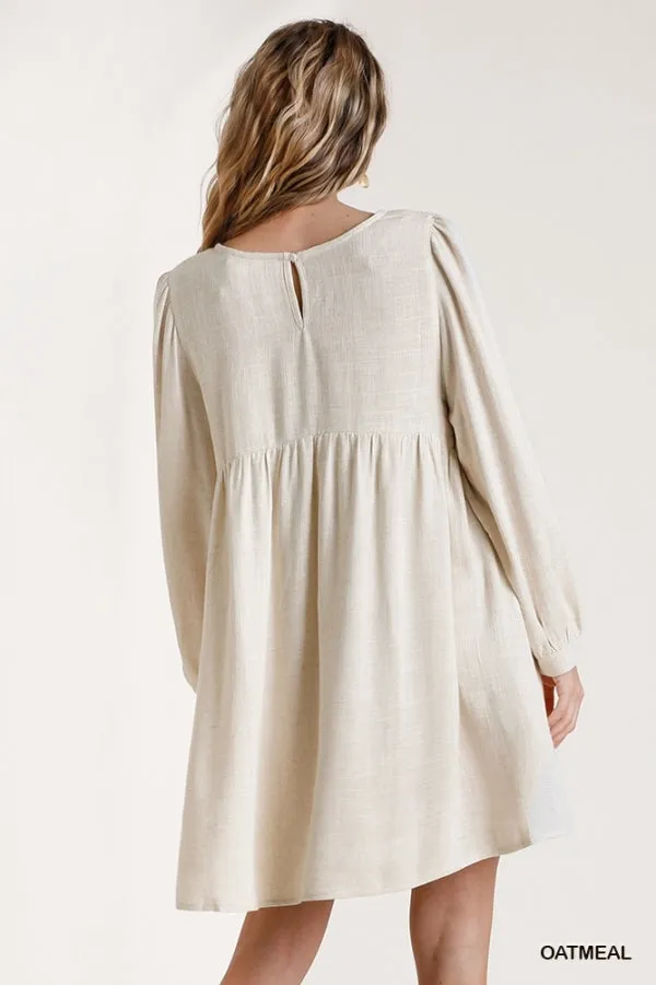 Linen Blend Round Neck Long Sleeve Back Babydoll Dress