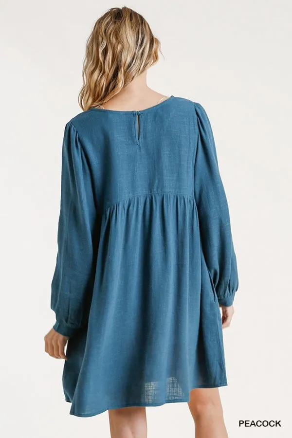 Linen Blend Round Neck Long Sleeve Back Babydoll Dress