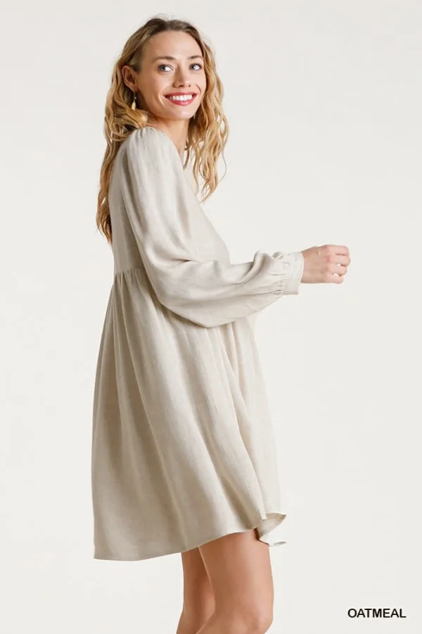 Linen Blend Round Neck Long Sleeve Back Babydoll Dress