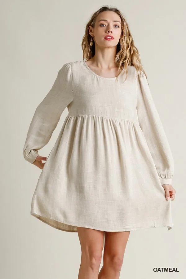 Linen Blend Round Neck Long Sleeve Back Babydoll Dress