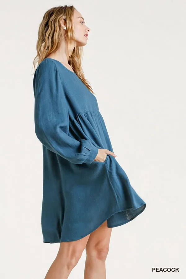 Linen Blend Round Neck Long Sleeve Back Babydoll Dress
