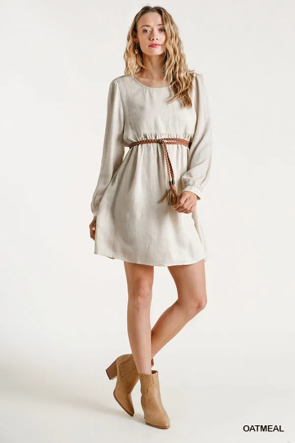 Linen Blend Round Neck Long Sleeve Back Babydoll Dress