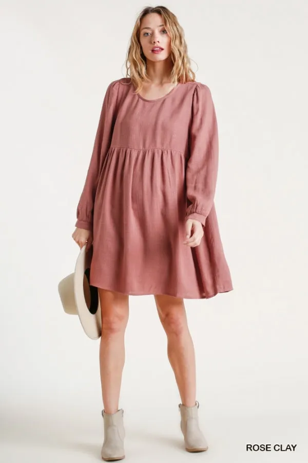 Linen Blend Round Neck Long Sleeve Back Babydoll Dress