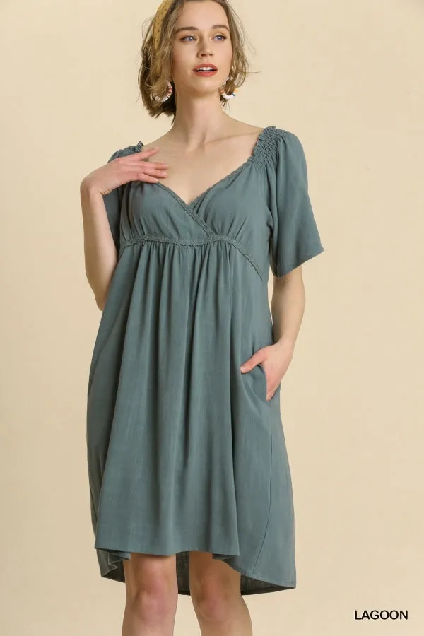 Linen Blend Surplice Bodice Crochet Trimmed Detail Dress