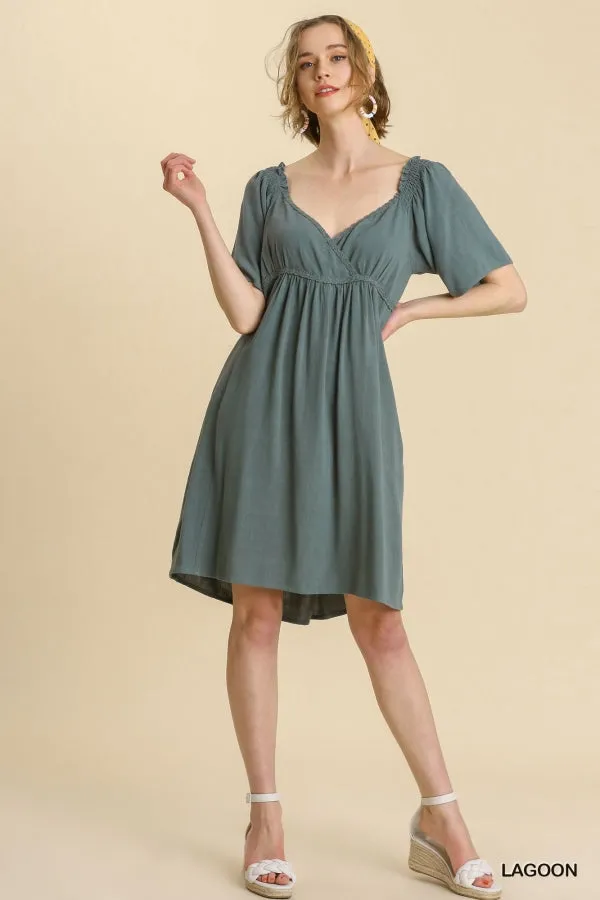 Linen Blend Surplice Bodice Crochet Trimmed Detail Dress