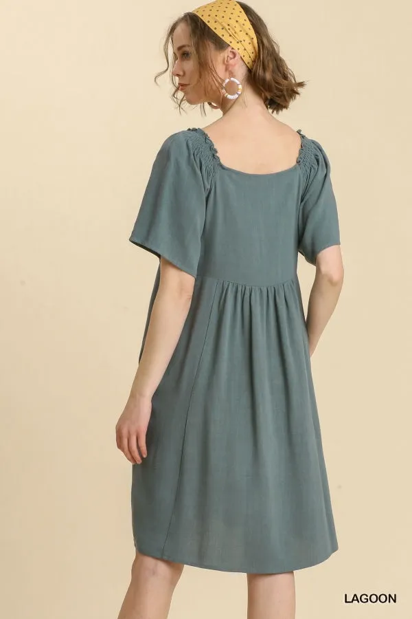 Linen Blend Surplice Bodice Crochet Trimmed Detail Dress