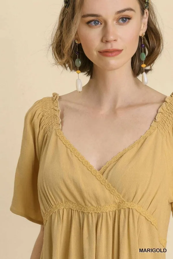 Linen Blend Surplice Bodice Crochet Trimmed Detail Dress