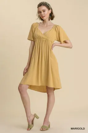 Linen Blend Surplice Bodice Crochet Trimmed Detail Dress