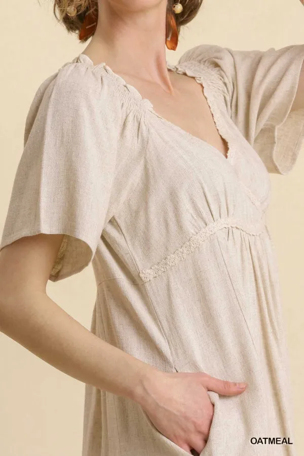 Linen Blend Surplice Bodice Crochet Trimmed Detail Dress