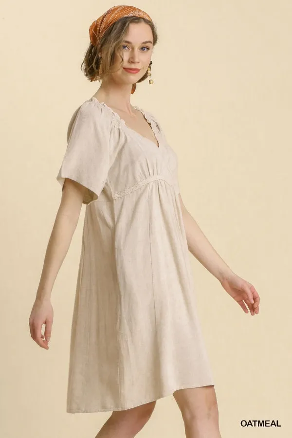 Linen Blend Surplice Bodice Crochet Trimmed Detail Dress