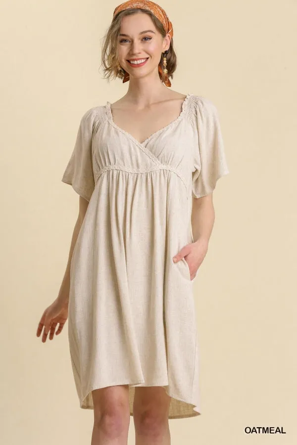 Linen Blend Surplice Bodice Crochet Trimmed Detail Dress