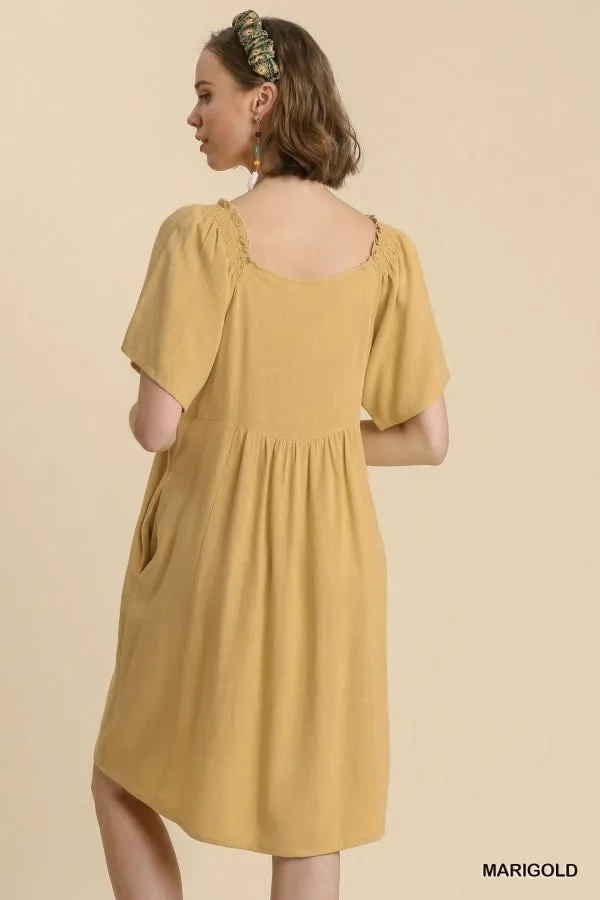 Linen Blend Surplice Bodice Crochet Trimmed Detail Dress