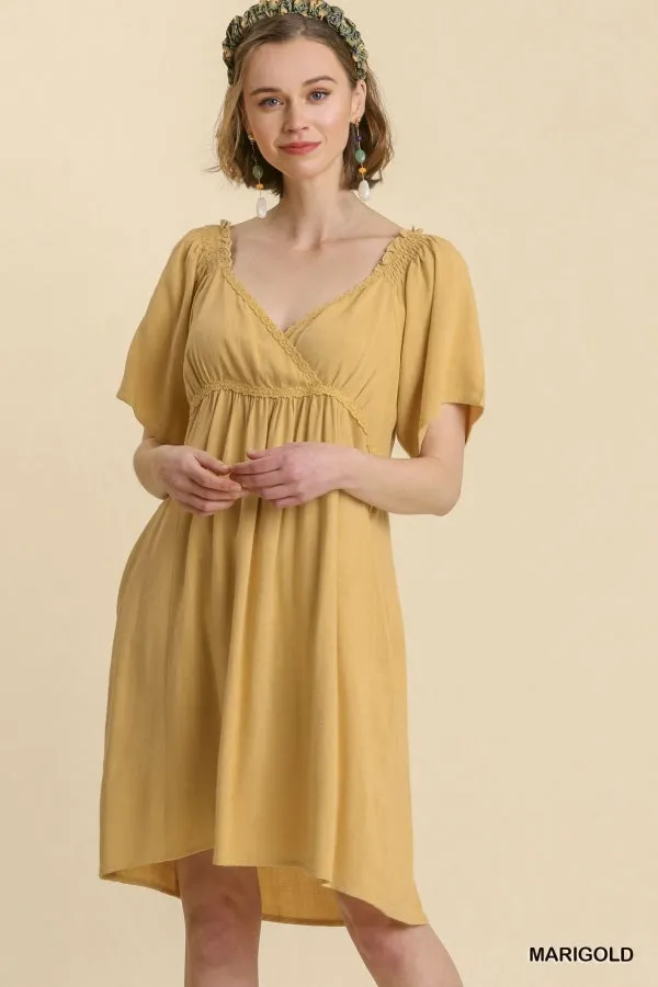 Linen Blend Surplice Bodice Crochet Trimmed Detail Dress