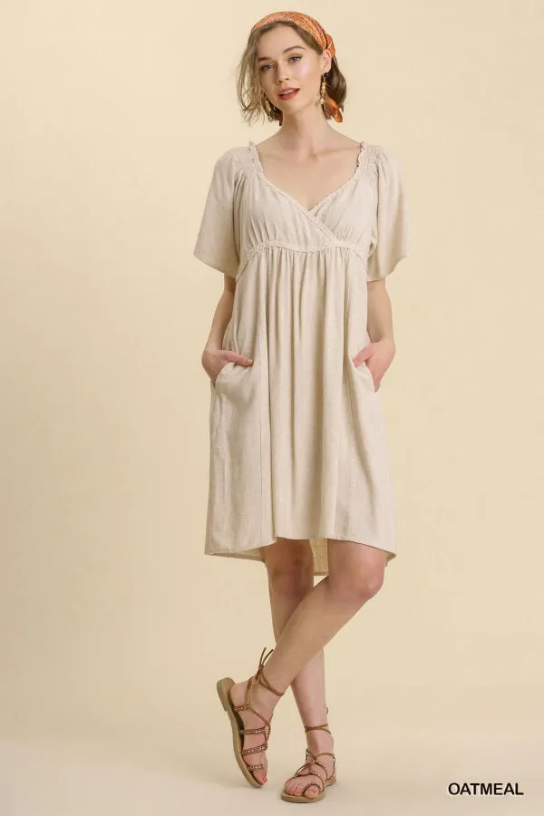 Linen Blend Surplice Bodice Crochet Trimmed Detail Dress