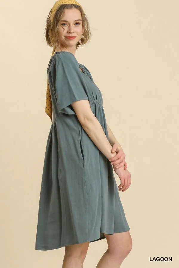Linen Blend Surplice Bodice Crochet Trimmed Detail Dress