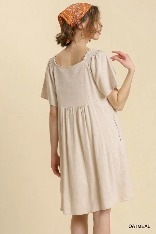 Linen Blend Surplice Bodice Crochet Trimmed Detail Dress