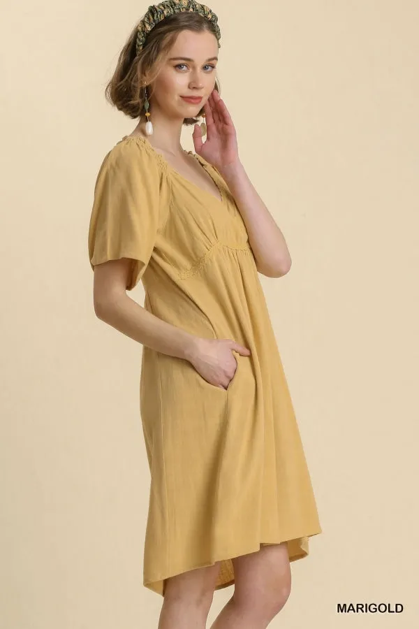 Linen Blend Surplice Bodice Crochet Trimmed Detail Dress