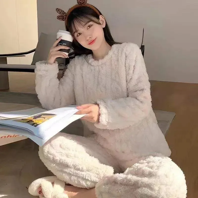 LVSANW Thickened Warm Autumn and Winter Flannel Pajamas Women Long-Sleeved Solid Striped Homewear Black Plus Size School Loungewear