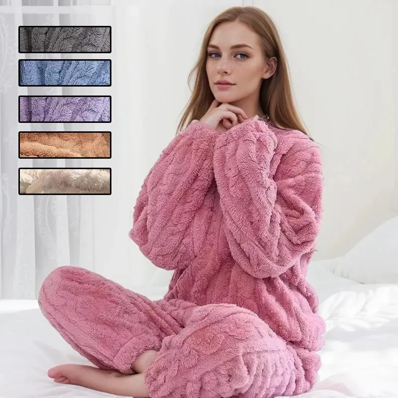 LVSANW Thickened Warm Autumn and Winter Flannel Pajamas Women Long-Sleeved Solid Striped Homewear Black Plus Size School Loungewear