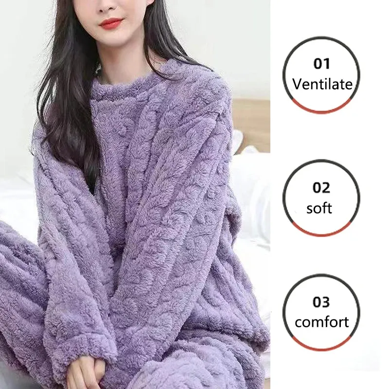 LVSANW Thickened Warm Autumn and Winter Flannel Pajamas Women Long-Sleeved Solid Striped Homewear Black Plus Size School Loungewear