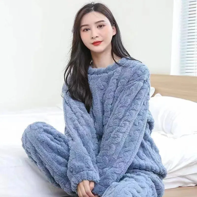 LVSANW Thickened Warm Autumn and Winter Flannel Pajamas Women Long-Sleeved Solid Striped Homewear Black Plus Size School Loungewear