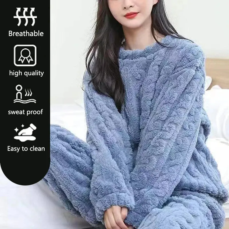 LVSANW Thickened Warm Autumn and Winter Flannel Pajamas Women Long-Sleeved Solid Striped Homewear Black Plus Size School Loungewear