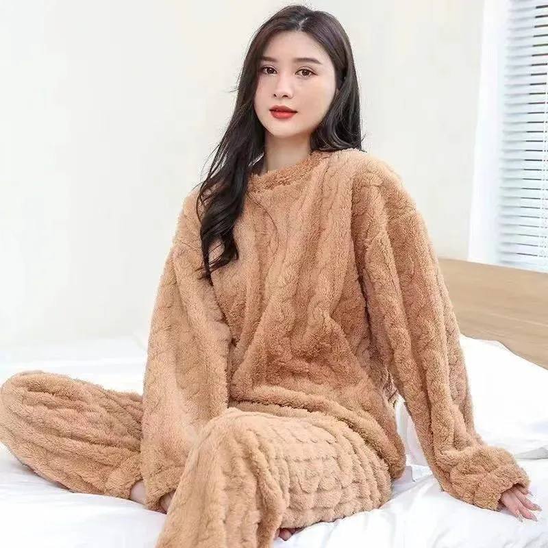 LVSANW Thickened Warm Autumn and Winter Flannel Pajamas Women Long-Sleeved Solid Striped Homewear Black Plus Size School Loungewear