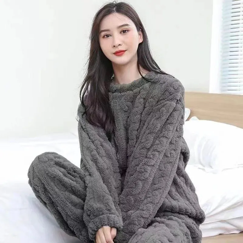LVSANW Thickened Warm Autumn and Winter Flannel Pajamas Women Long-Sleeved Solid Striped Homewear Black Plus Size School Loungewear